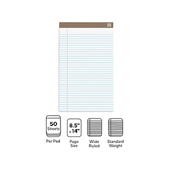 Staples Notepads, 8.5" x 14" (legal), Wide Ruled, White, 50 Sheets/Pad, Dozen Pads/Pack (58189)