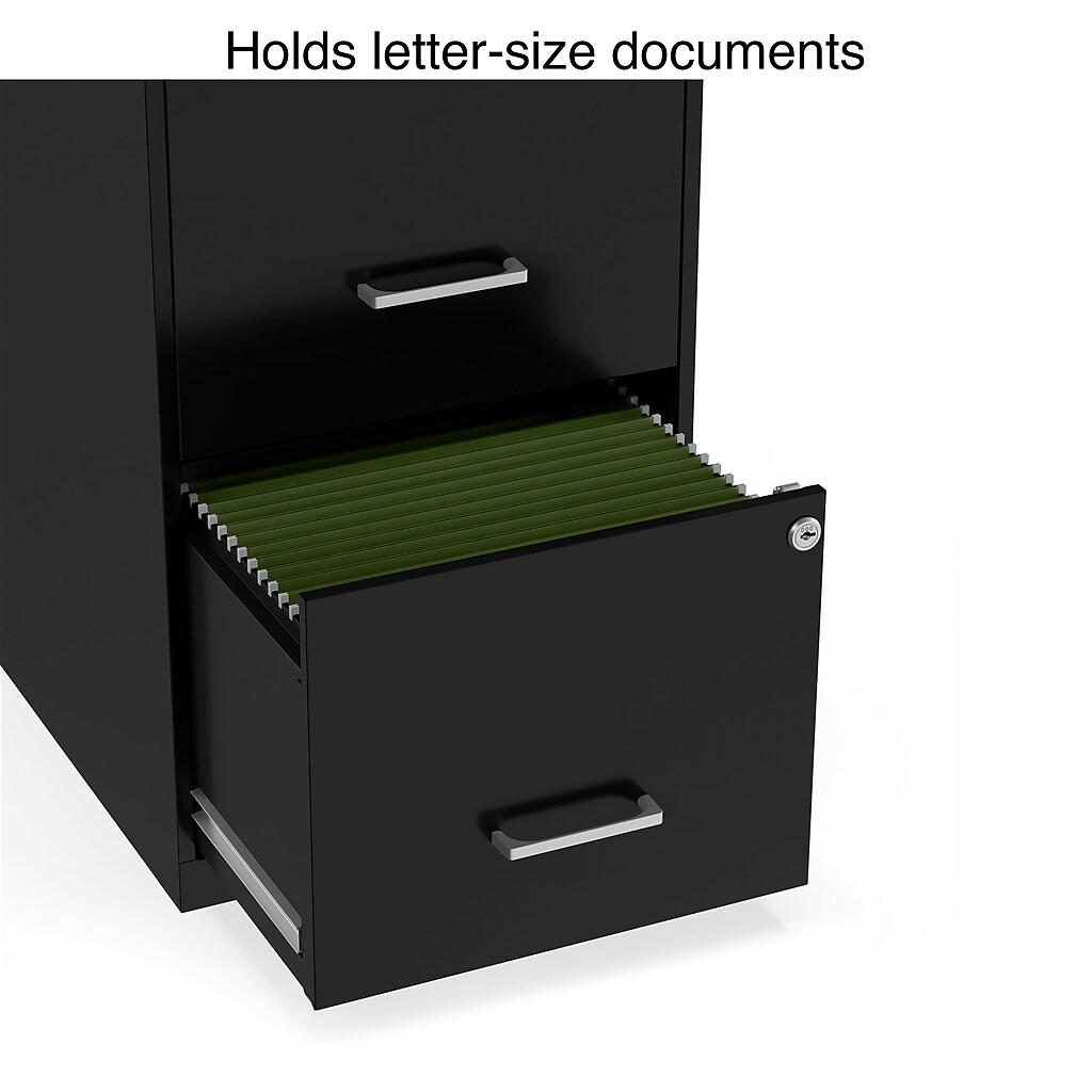 Black vertical filing cabinet with two drawers; inner drawer partially open showing file folders