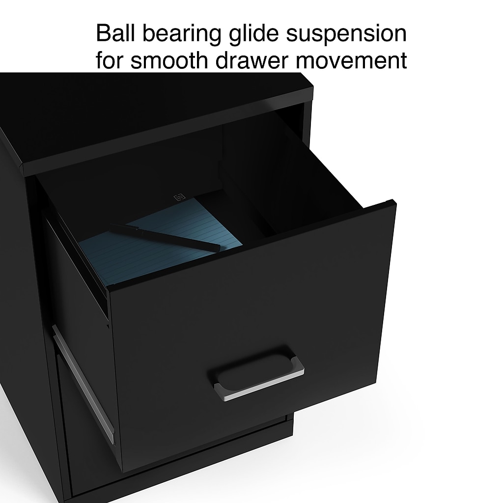 Open lower drawer of black 2-drawer filing cabinet showing blue documents inside