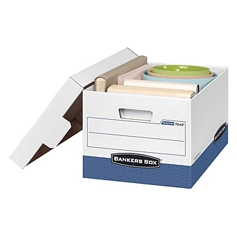 Bankers Box® R-Kive Heavy-Duty FastFold File Storage Boxes, Lift-Off Lid, Letter/Legal Size, White/Blue, 20/Ct (0724314)