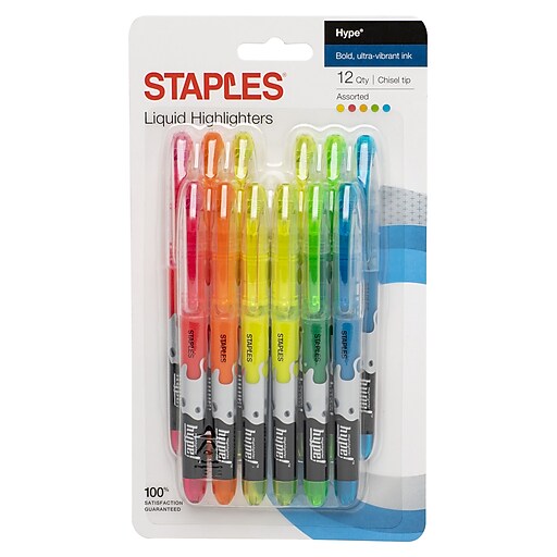 Staples Hype! Liquid Highlighters, Chisel, Assorted, Dozen (14598