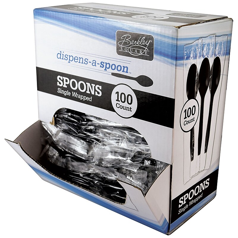 Berkley Square Dispens-a-Spoon Plastic Tea Spoon, Medium-Weight, Black, 100/Box (1223003) image 1