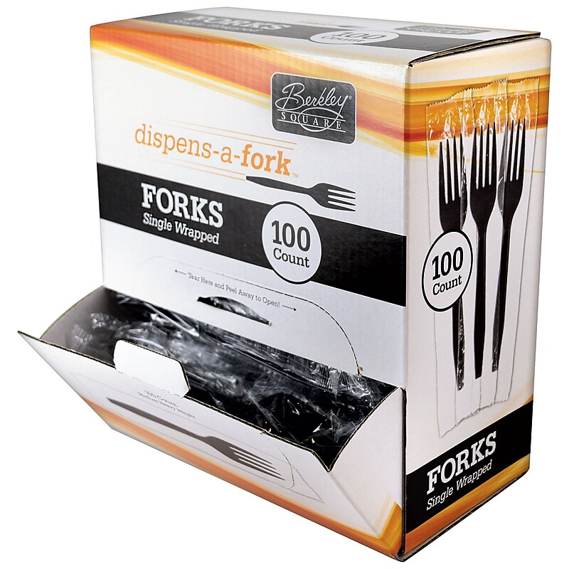 Berkley Square Dispens-A-Fork Plastic Forks, Medium-Weight, Black, 100/Box (1223002) image 1