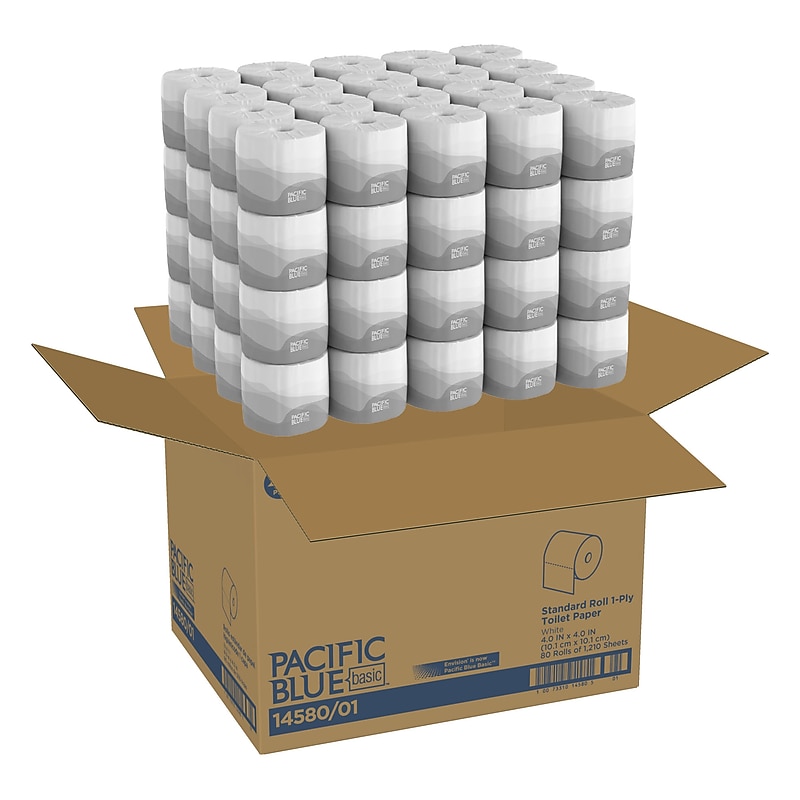 Pacific Blue Basic Recycled Toilet Paper, 1-Ply, White, 1210 Sheets/Roll, 80 Rolls/Carton (1458001/14500) image 1