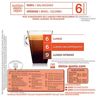NESCAFE Dolce Gusto Lungo Decaffeinato Coffee, Decaf Coffee, 16 Pods/Box (NES27329)