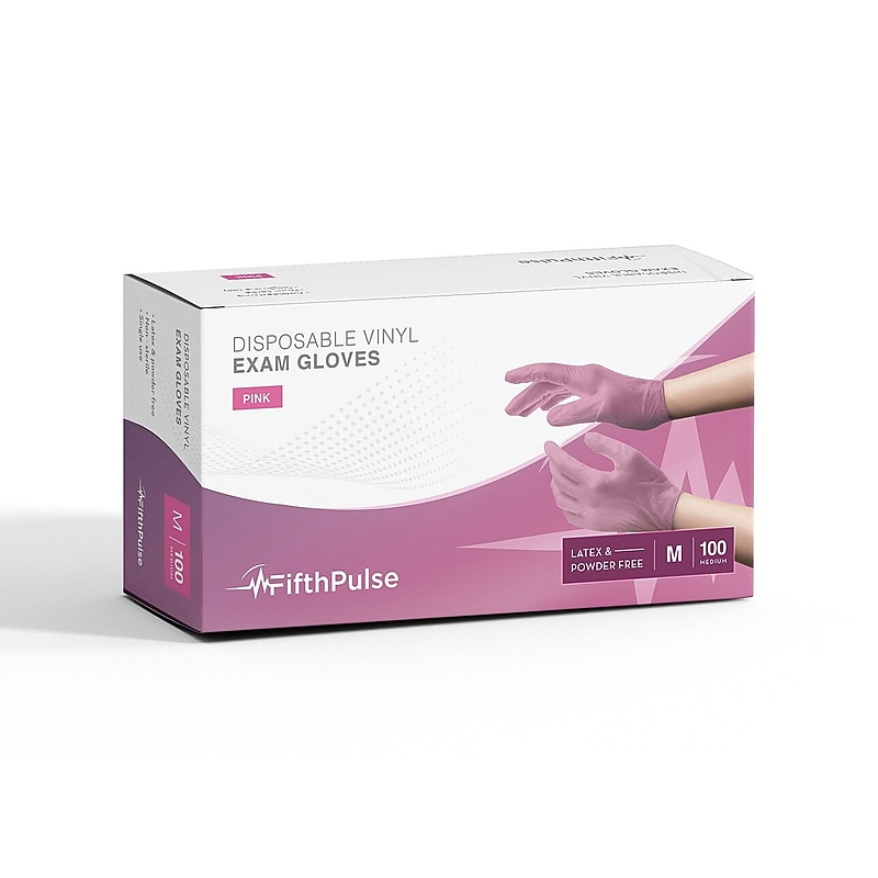 FifthPulse Powder Free Vinyl Exam Gloves, Latex Free, Medium, Pink, 100/Box (FMN100042) image 1