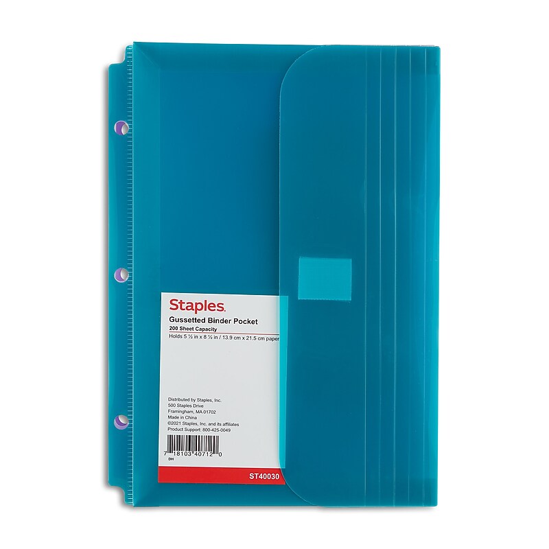 Staples Gussetted Binder Pocket, 3-Hole Punched, Assorted Colors (40030) image 1