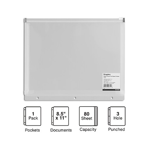 Staples Poly Zipper Pouch, 3Hole Punched, Clear (26190) Staples