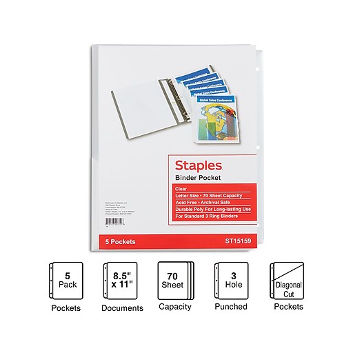 Staples Polypropylene/PP Binder Pockets, Clear, 5/Pack (15159CC) Staples
