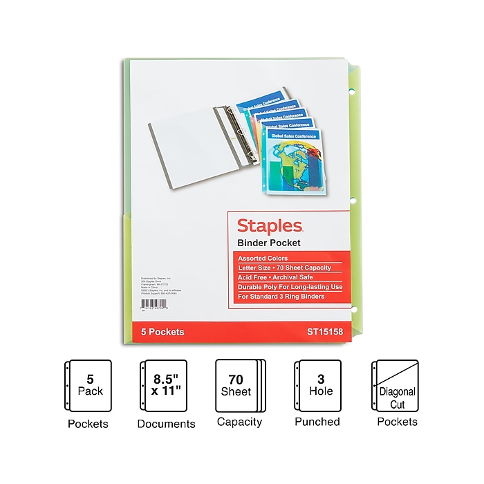 Staples Poly Binder Pocket, 3-Hole Punched, Assorted Colors Staples Poly Binder Pocket, 3-Hole Punched, Assorted Colors