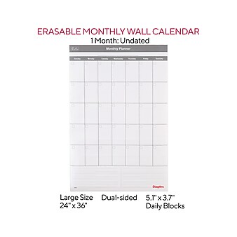 Staples 24" x 36" Monthly Dry-Erase Wall Calendar, Reversible, White/Gray (ST60365-22)