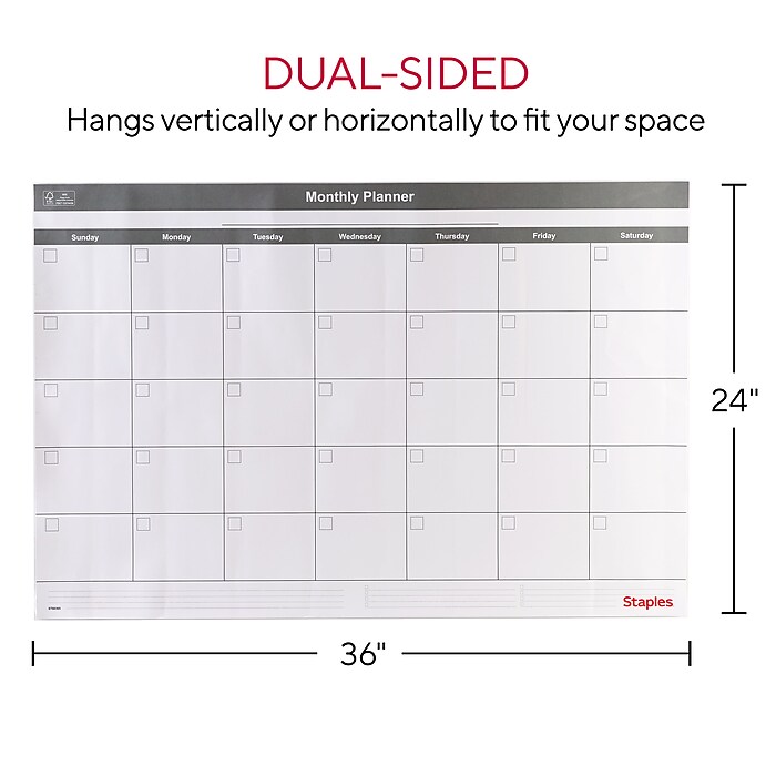Staples 24 x 36 Monthly Dry Erase Wall Calendar Reversible White Gray ST60365 22 Staples