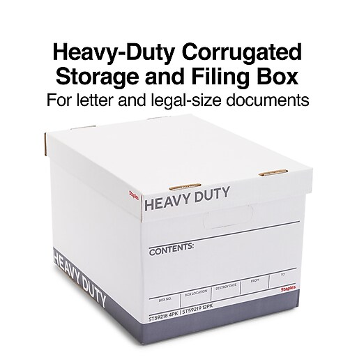 Staples Heavy Duty File Box, Lift Off Lid, Letter/Legal, White/Gray, 4