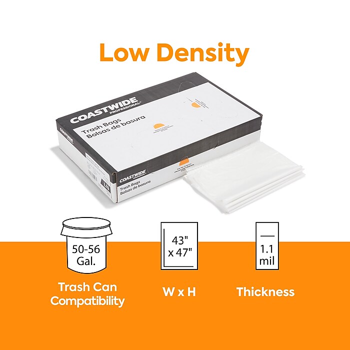Linear Low-Density Can Liners, 50-56 gal, 2 mil, 43 x 48, Clear, 100/Carton
