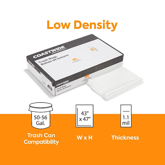 Linear Low-Density Can Liners, 50-56 gal, 2 mil, 43 x 48, Clear, 100/Carton Linear Low-Density Can Liners, 50-56 gal, 2 mil, 43 x 48, Clear, 100/Carton