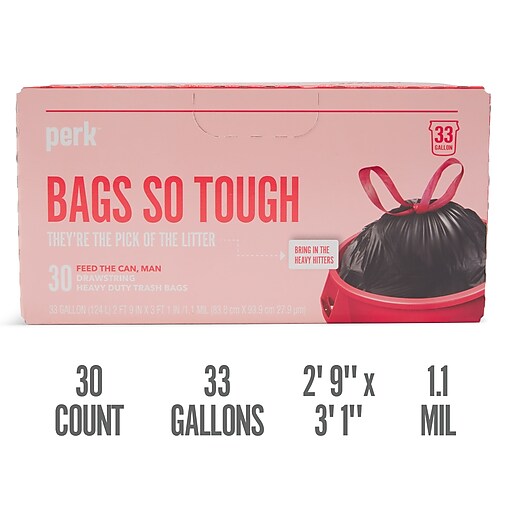 Perk™ 33 Gallon Trash Bag, 1.1 Mil, Black, 30 Bags/Box (PK56747) Staples