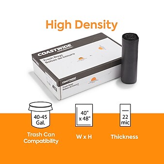 Coastwide Professional™ 40-45 Gal. Trash Bags, High Density, 22 Mic., Black, 25 Bags/Roll, 6 Rolls (CW17713)