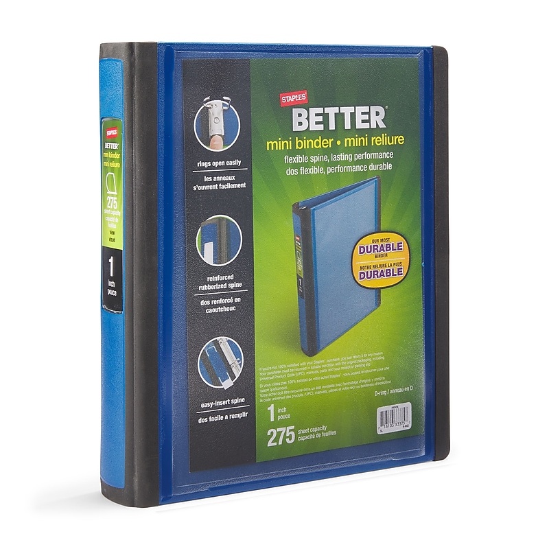 Staples Better Heavy Duty 1" 3-Ring Mini Binder, D-Ring, Blue (20942) image 1