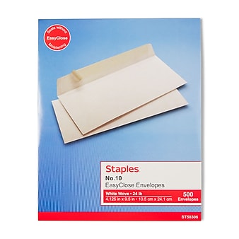 Staples EasyClose #10 Business Envelopes, 4 1/8" x 9 1/2", White, 500/Box (50306)