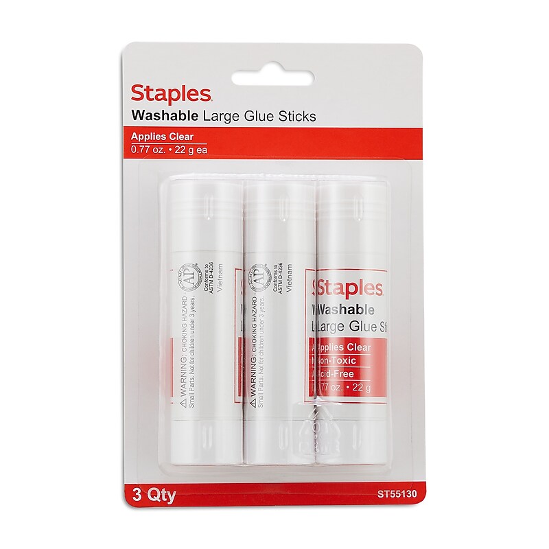Staples Washable Large Glue Stick, 0.77 oz., Clear, 3/Pack (ST55130) image 1