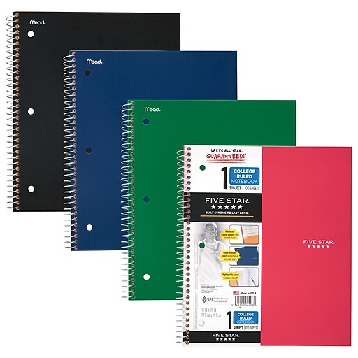 Five Star Recycled Notebook Plus Study App, 1 Subject, College Ruled, 8  1/2 x 11, 4 Pack, Spiral Notebooks