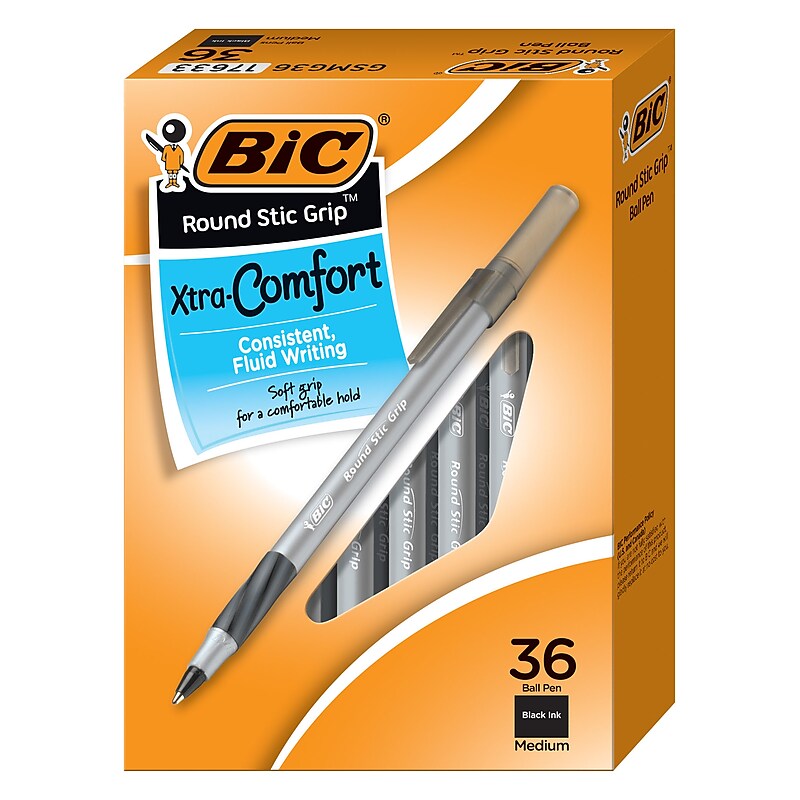 BIC Round Stic Grip Xtra Comfort Ballpoint Pens, Medium Point, Black Ink, 36 Pack (GSMG361BLK) image 1
