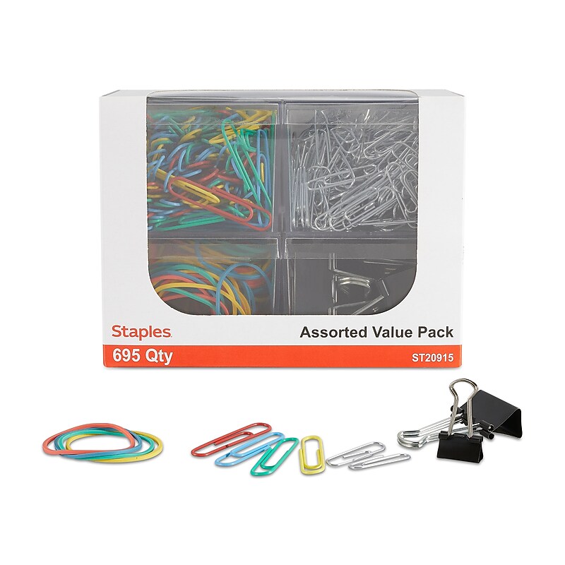 Staples Assorted Office Supplies Pack, Rubber Bands, Silver Paper Clips, Color Paper Clips, Binder Clips, 4/Pack image 1