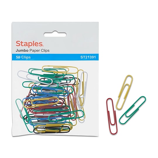 Staples Jumbo Paper Clips, Assorted Colors, 50 Pack – Large Clips for Thick Papers & Color‑Coded Organization~#|#~s1225636_sc7