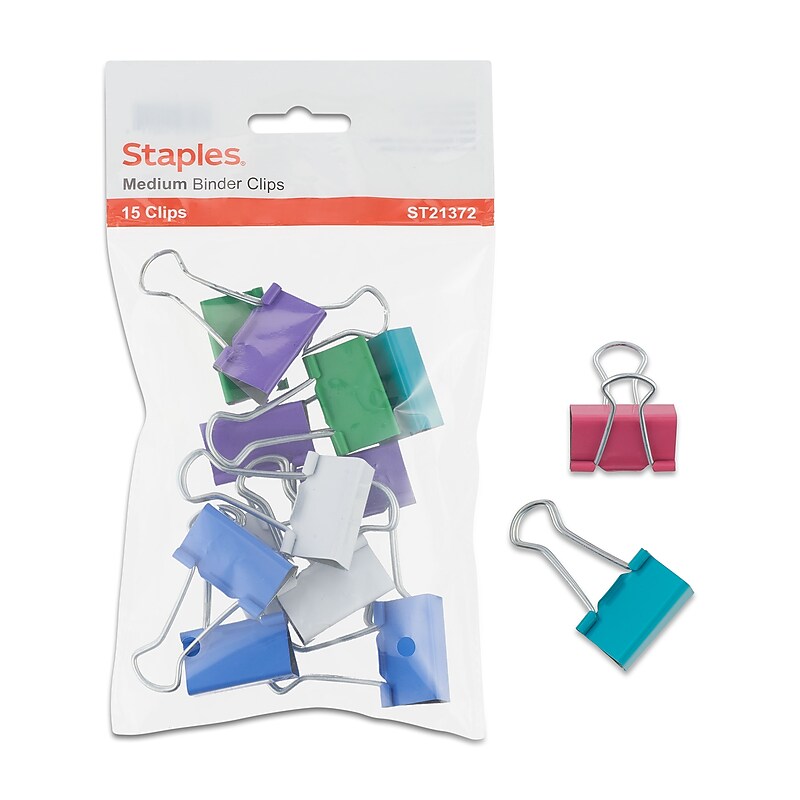 Staples® Medium Binder Clips, 0.63" Capacity, Assorted Colors, 15 Clips/Pack (ST21372) image 1