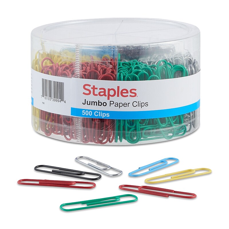 Staples Jumbo Paper Clips, Assorted Colors, 500 Clips/Pack (ST40653/40653) image 1