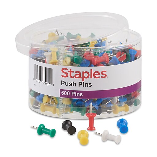 Staples Push Pins, Assorted, 500/Pack (20938) Staples