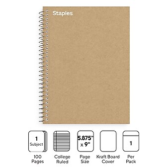 Staples Premium 1-Subject Notebook, 5.875" x 9", College Ruled, 100 Sheets, Brown (TR52120)