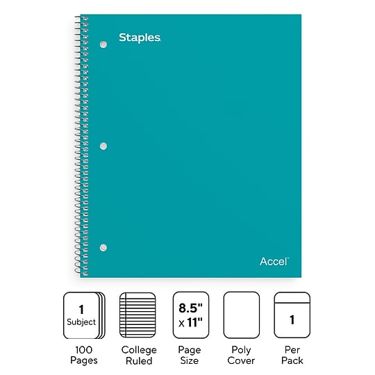 STAPLES Accel Durable Poly Cover 1‑Subject Notebook, 8.5” x 11”, College Ruled, Teal~#|#~s1227268_sc7