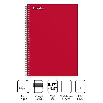 Staples 3-Subject Notebook, 6.5" x 9.5", 138 Sheets, College Ruled, Assorted Colors (83360/83344)