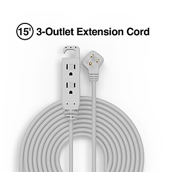 Staples 15' Extension Cord 3-Outlet with Safety Covers, Gray (22130)