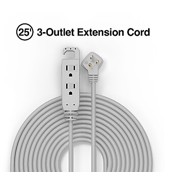 Staples 25' Extension Cord 3-Outlet with Safety Covers, Gray (22129)