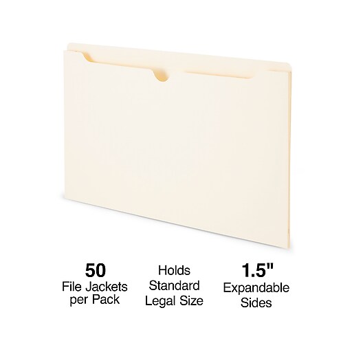 Staples File Jackets, 1.5" Expansion, Legal Size, Manila, 50/Box