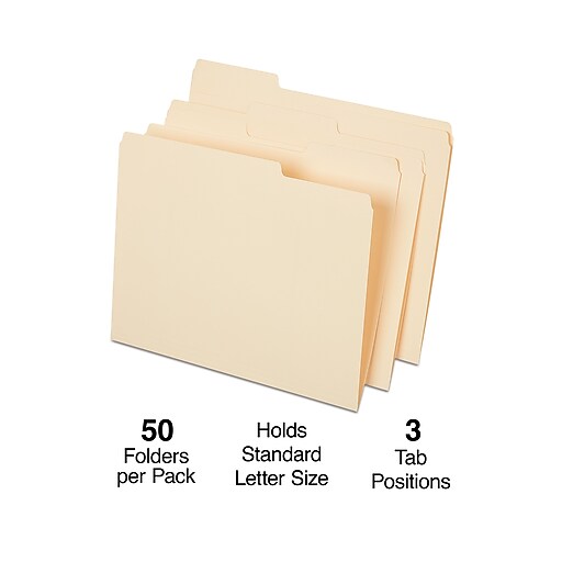 Staples File Folders, 3 Tabs, Letter Size, Manila, 50/Box (541077