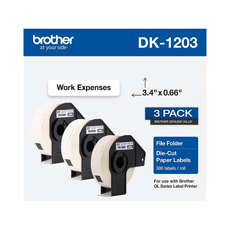 Brother DK-1203 File Folder Paper Labels, 3-4/10" x 2/3", Black on White, 300 Labels/Roll, 3 Rolls/Box (DK-12033PK) image 1