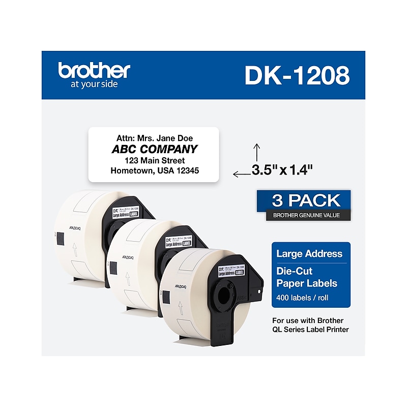 Brother DK-1208 Large Address Paper Labels, 3-1/2" x 1-4/10", Black on White, 400 Labels/Roll, 3 Rolls/Box (DK-12083PK) image 1
