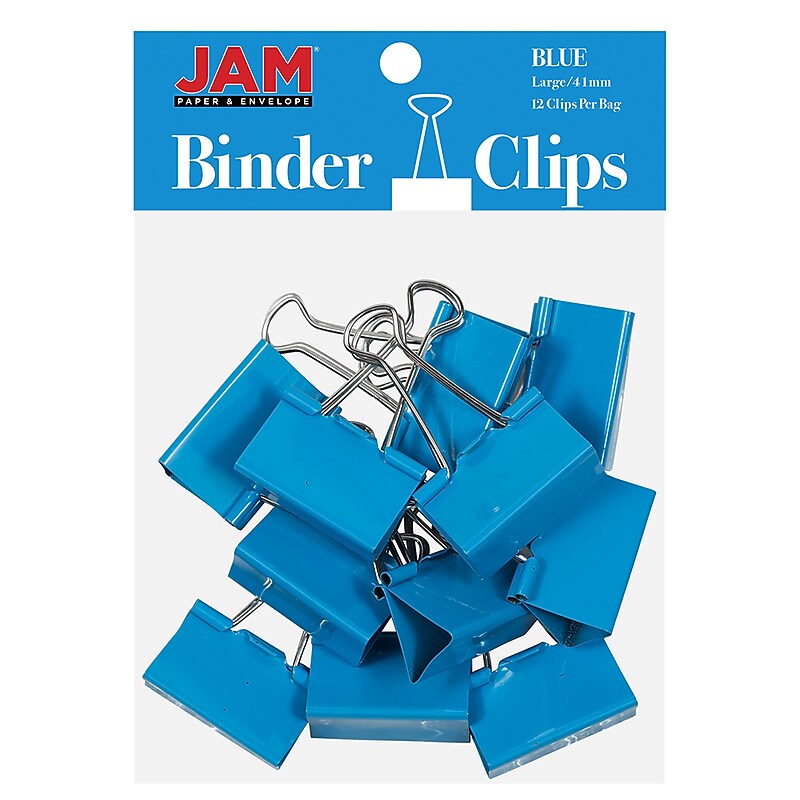 JAM Paper Colorful Large Binder Clips, 1" Capacity, Blue, 12 Clips/Pack (340BCBU) image 1