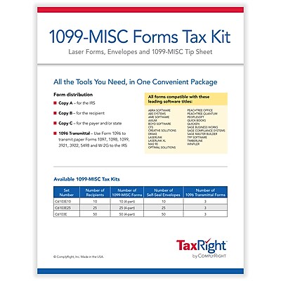 Details about   2020 IRS TAX FORMS KIT 1099-MISC Laser 100 recipients+envelopes 1096 6103