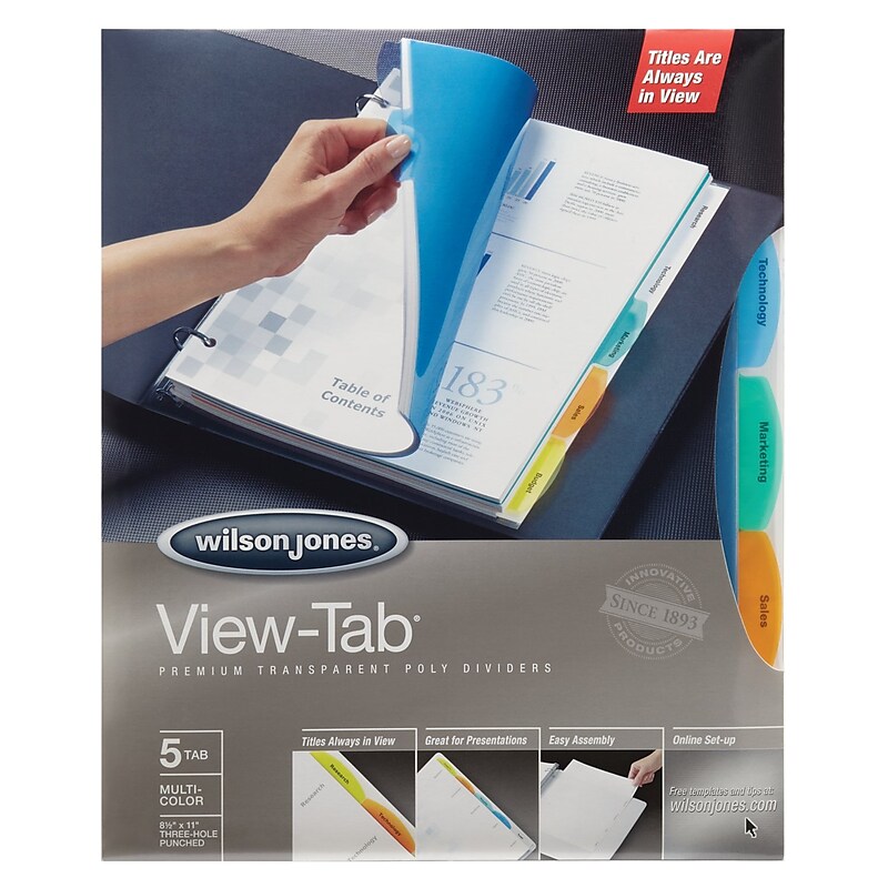 Wilson Jones View-Tab Dividers, 5-Tabs, 8.5" x 11", Assorted Colors, Set (W55565) image 1