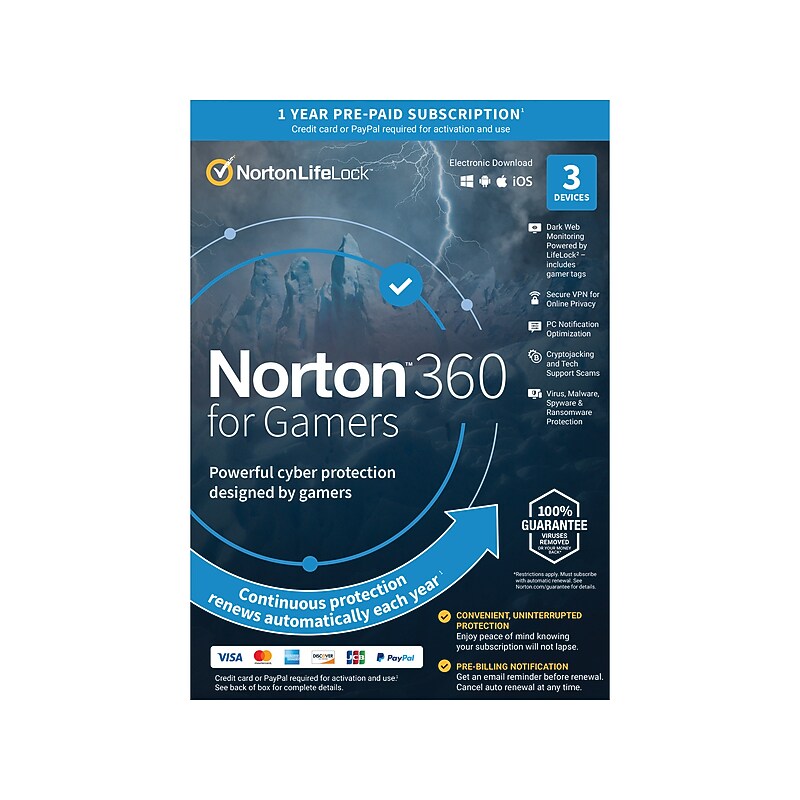 Norton 360 for Gamers for 3 Devices, Windows/Mac/Android/iOS, Product Key Card (21414038) image 1