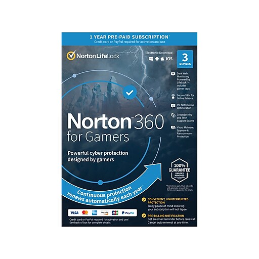 Norton 360 for Gamers for 3 Devices, Windows/Mac/Android/iOS, Product