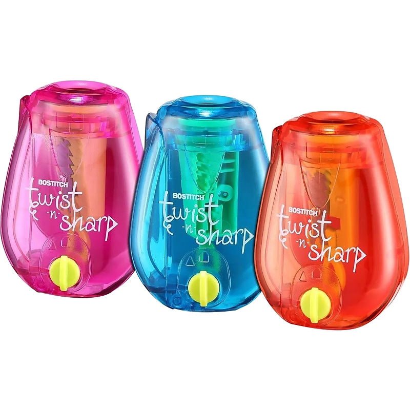 Bostitch Twist-n-Sharp Kids Manual Pencil Sharpeners, Pink/Blue/Orange, 3/Box (PS1-ADJ-3PK) image 1