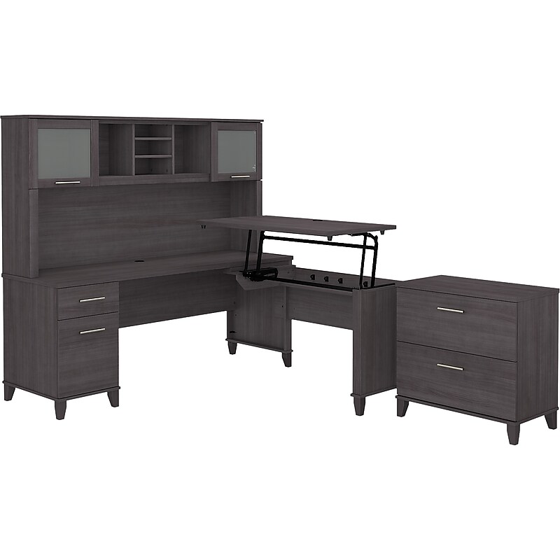 Bush Furniture Somerset 72"W 3 Position Sit to Stand L Shaped Desk with Hutch and File Cabinet, Storm Gray (SET016SG) image 1