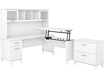 Bush Furniture Somerset 72 W 3 Position, White Desk With File Drawer And Hutch