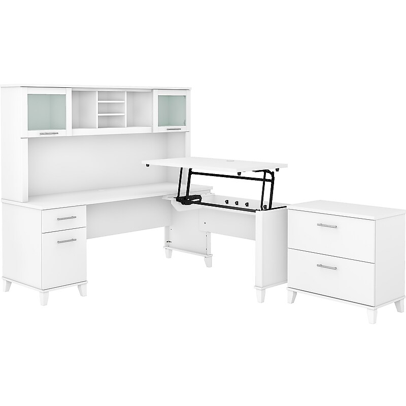 Bush Furniture Somerset 72"W 3 Position Sit to Stand L Shaped Desk with Hutch and File Cabinet, White (SET016WH) image 1