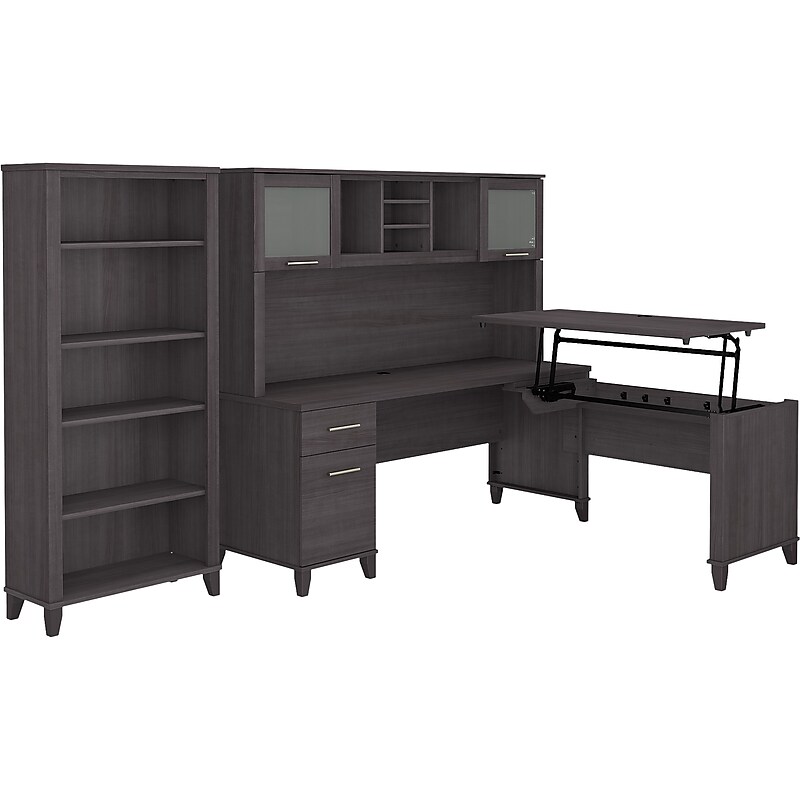 Bush Furniture Somerset 72"W 3 Position Sit to Stand L Shaped Desk with Hutch and Bookcase, Storm Gray (SET017SG) image 1